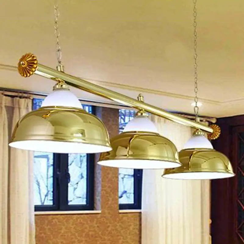Decorbites stainless steel billiard light with brass finish and three white glass shades for game room ceiling lighting