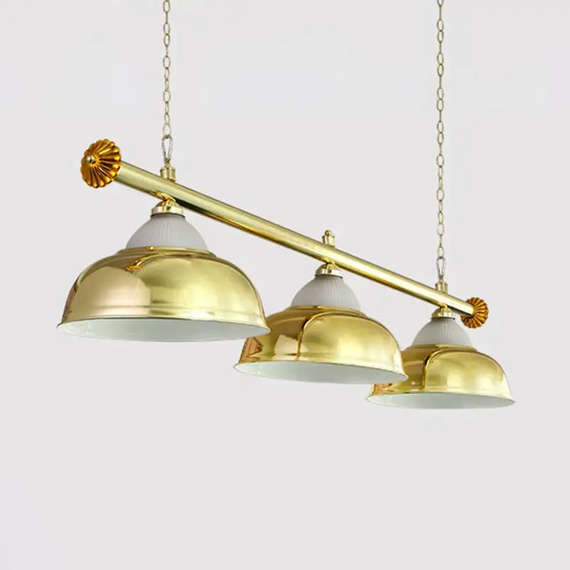 Decorbites™ brass-finished stainless steel billiard light with three dome shades for stylish game room ceiling lighting