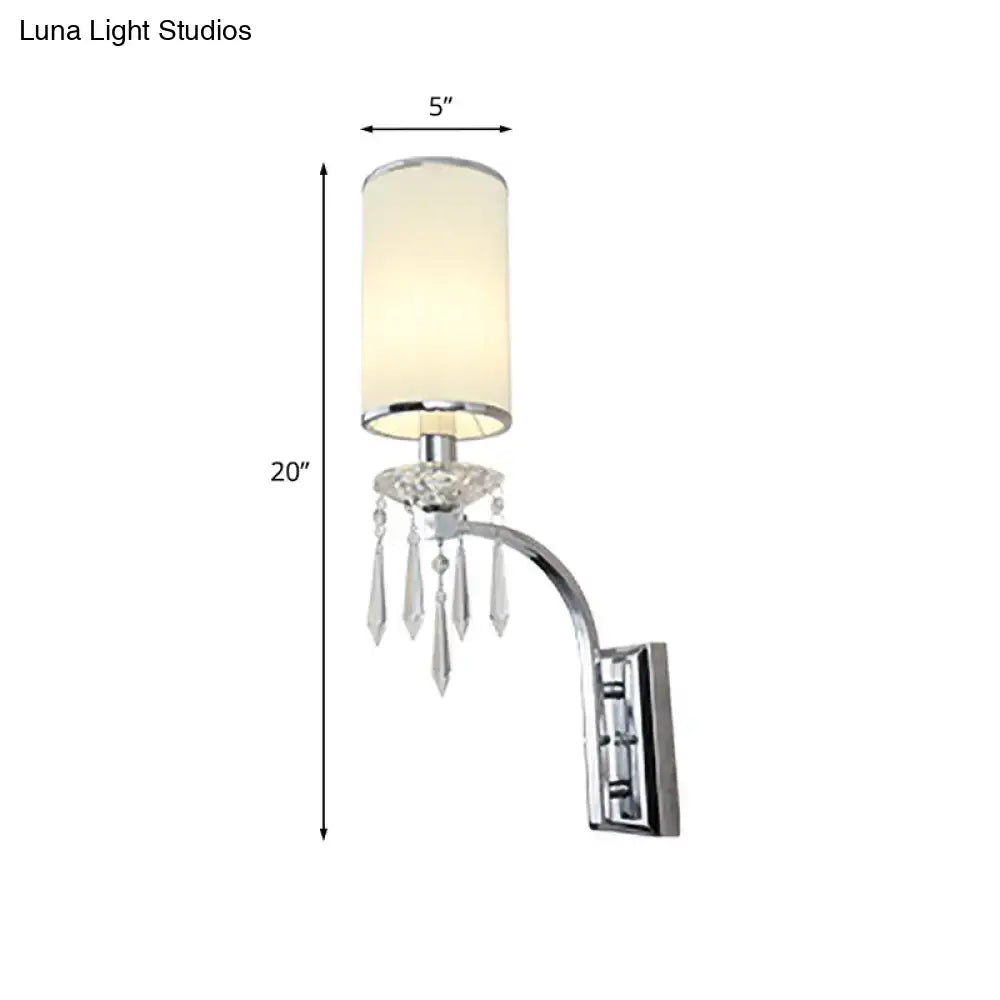 Chrome wall mounted sconce with cylindrical off-white fabric shade and crystal teardrop pendants for living room 220v-240v 110v-120v
