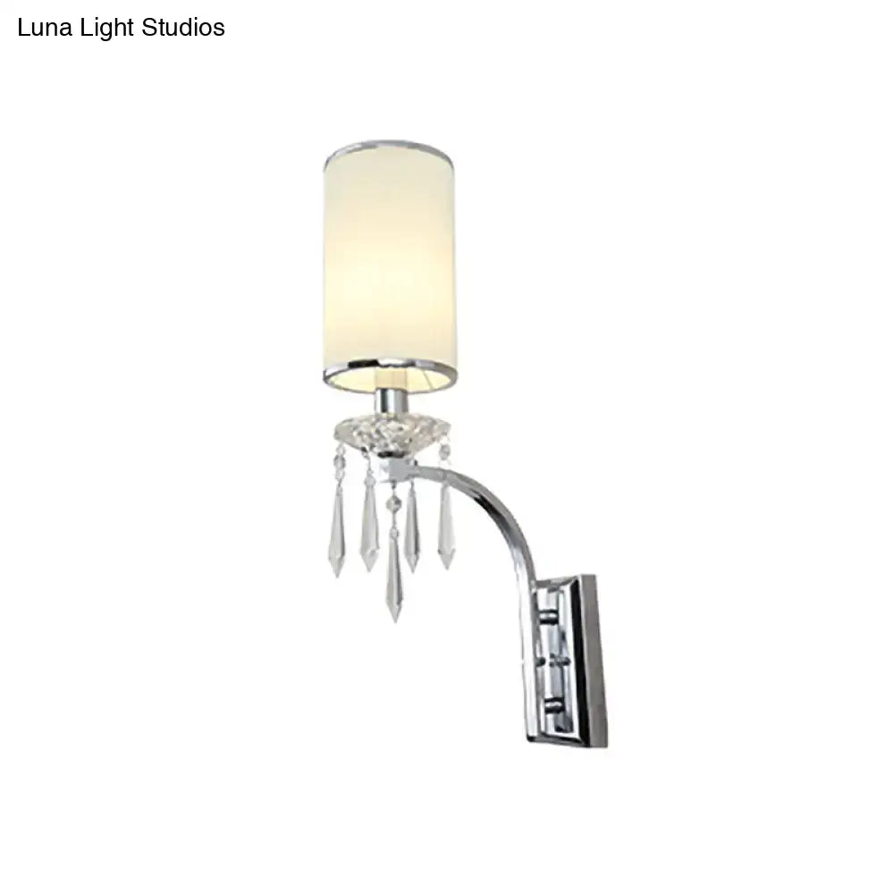 Chrome wall mounted sconce with cylindrical off-white fabric shade and crystal pendants for living room 220v-240v 110v-120v