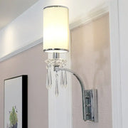 Chrome wall mounted sconce with cylindrical off-white fabric shade and crystal teardrop pendants for living room 220v-240v 110v-120v