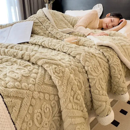 Beige plush coral fleece blanket with raised floral embroidery in chunky knit cream and black bedroom throw style