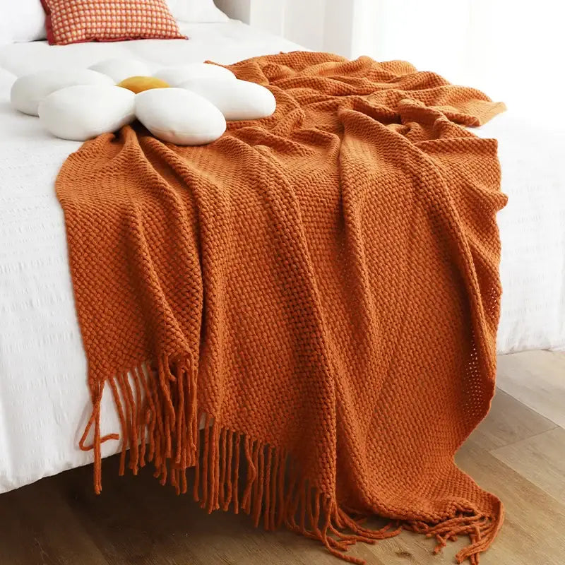 Warm orange decorbites knitted leisure blanket with textured weave tassels chunky leisure blanket throw for decor