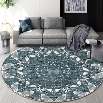 Circular geometric cashmere floor mat with symmetrical teal gray and white mandala design for beige living room decorbites