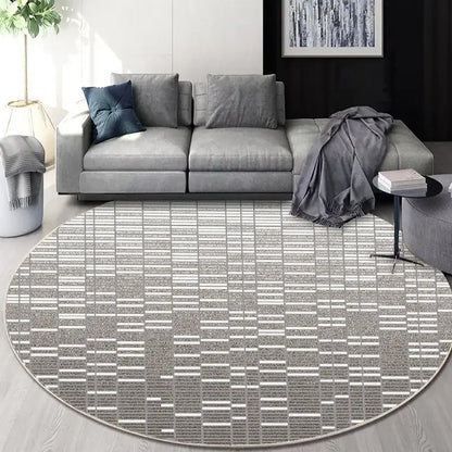 Circular geometric cashmere floor mat in gray and white with a modern pattern for beige living room decorbites circular geometric