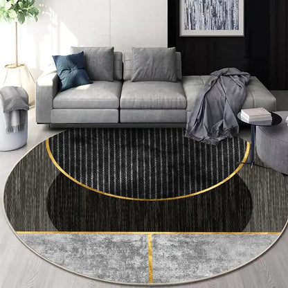 Modern oval circular geometric cashmere floor mat with bold black gray and gold design for living room decorbites carpet