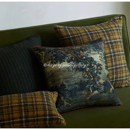 Dark blue tapestry pillow cover with circular swallows embroidery and red stitched border for decorbites circular swallows decor