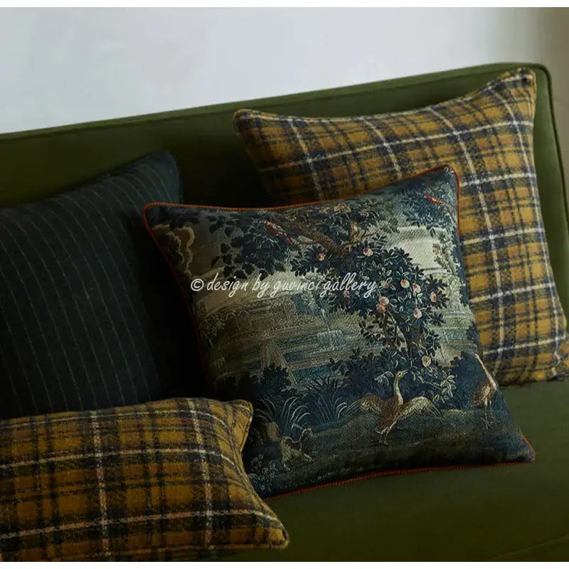 Dark blue tapestry pillow cover with circular swallows embroidery and red stitched border for decorbites circular swallows decor