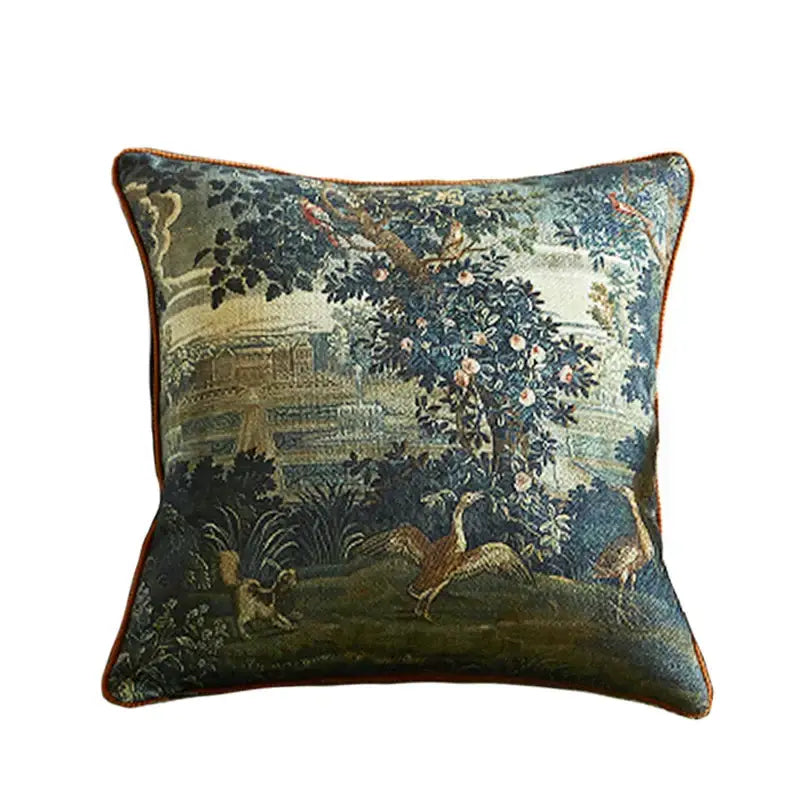 Square pillow cover with intricate tapestry of birds trees and landscape in muted blues greens golds for decorbites circular swallows decor
