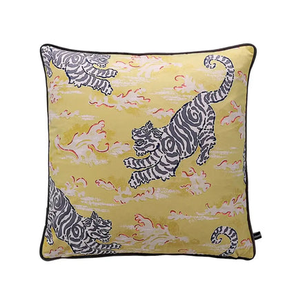 Yellow cushion cover featuring stylized black and white tigers with swirling red and cream patterns for decorbites circus horse print decor
