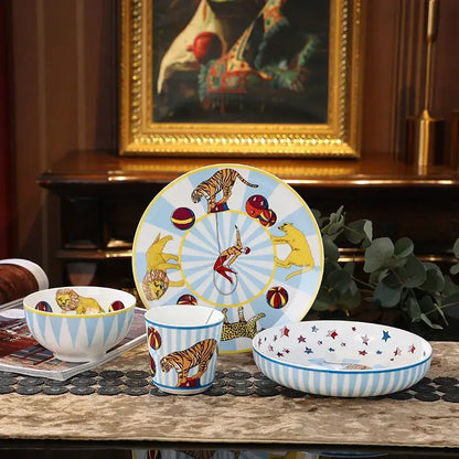 Circus troup kids pink and white ceramic tableware set with vibrant tiger lion acrobat illustrations on light blue decorbites circus troup