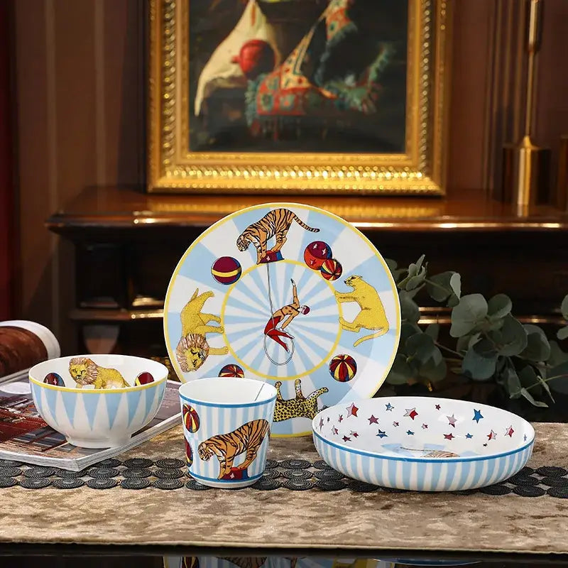 Circus troup kids pink and white ceramic tableware set with vibrant tiger lion acrobat illustrations on light blue decorbites circus troup