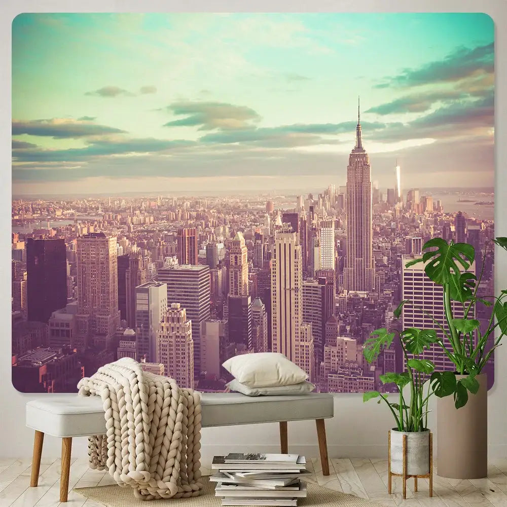A vibrant vintage-toned city night bohemian tapestry featuring the empire state building for living room decorbites city night