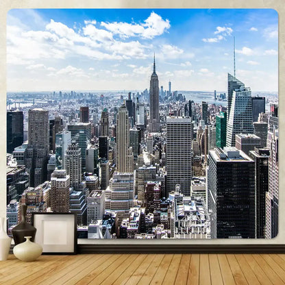 City night bohemian tapestry wall hanging features vibrant blue sky and empire state building for living room decorbites city night