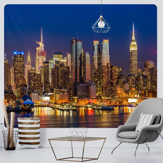 City night bohemian decor tapestry wall hanging featuring a vibrant nighttime cityscape with illuminated skyscrapers and waterfront reflections