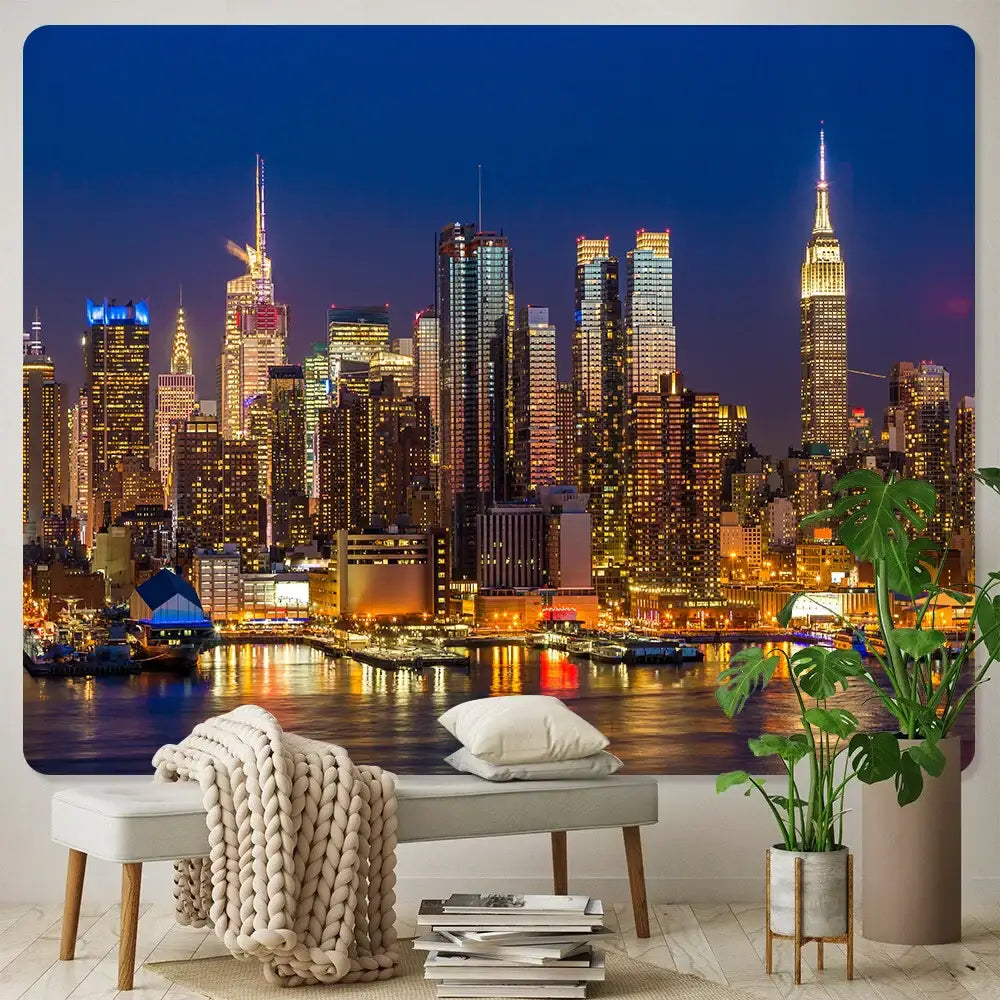 City night bohemian decor tapestry wall hanging featuring vibrant illuminated cityscape with reflective waterway at night