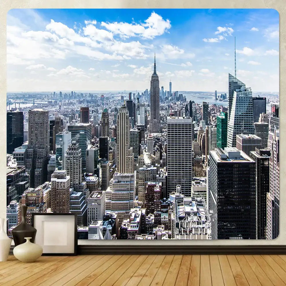 City night bohemian tapestry wall hanging featuring vibrant blue sky and empire state building for living room decorbites city night
