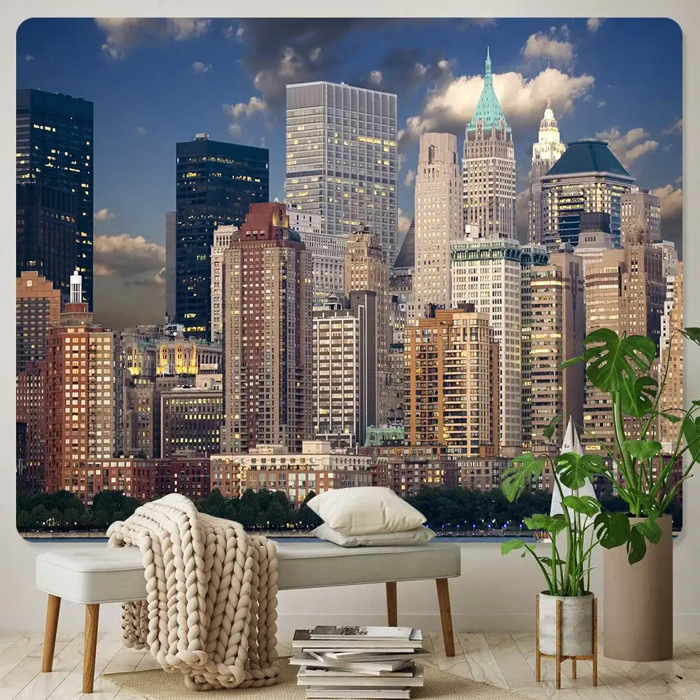 A beige knitted throw blanket draped over a light gray bench complements decorbites city night bohemian tapestry wall hanging
