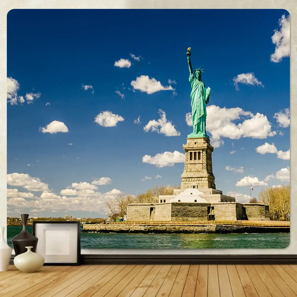 Green copper statue of liberty tapestry wall hanging on stone pedestal sky background for decorbites city night bohemian