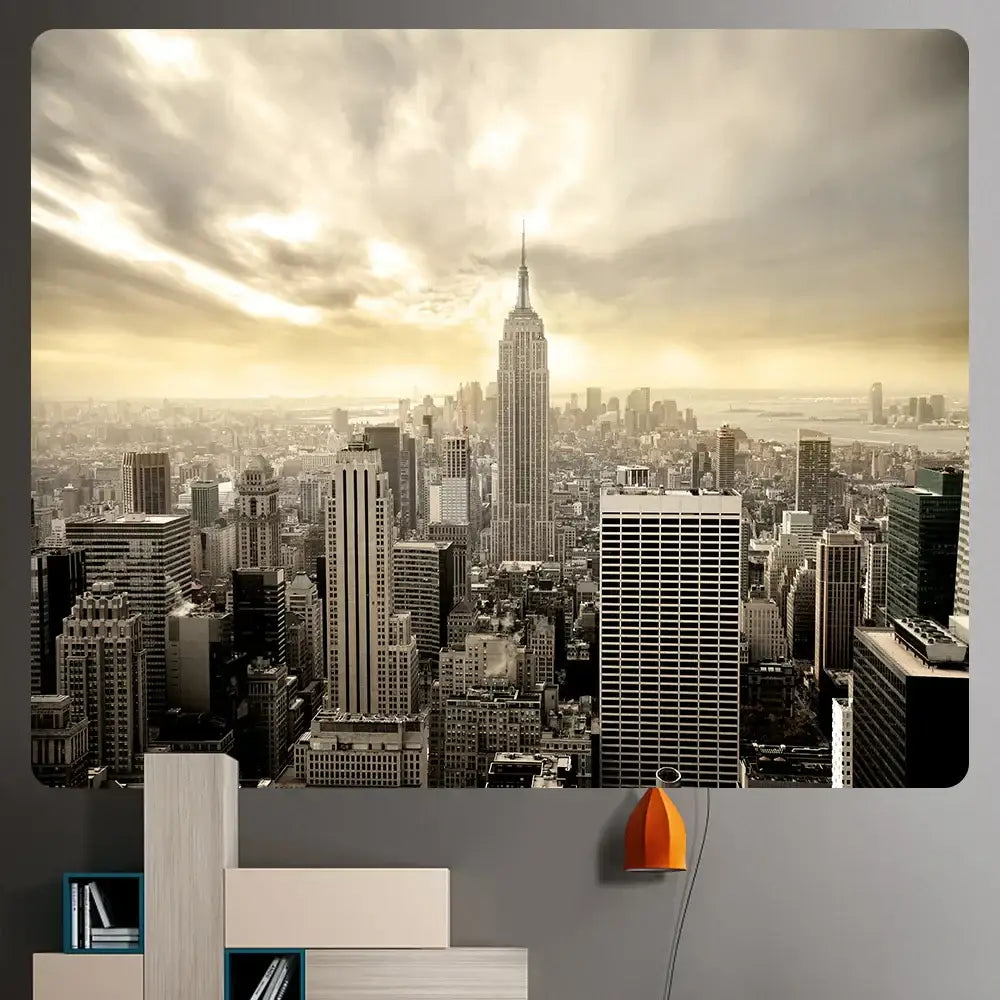 Sepia-toned city night bohemian decor wall hanging tapestry featuring empire state building for living room decorbites city night