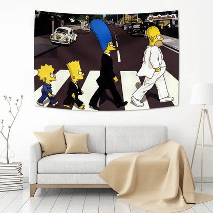 Classic anime tapestry wall featuring the simpsons crossing a street in red and blue fabric for decorbites classic anime decor