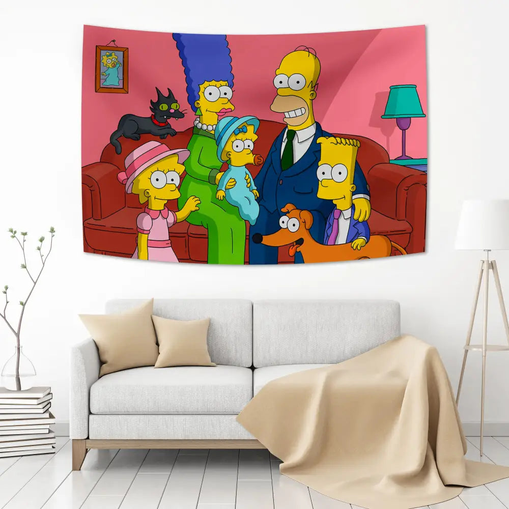 Vibrant pink and red simpsons family classic anime tapestry wall decorbites fabric panel for bedroom decoration