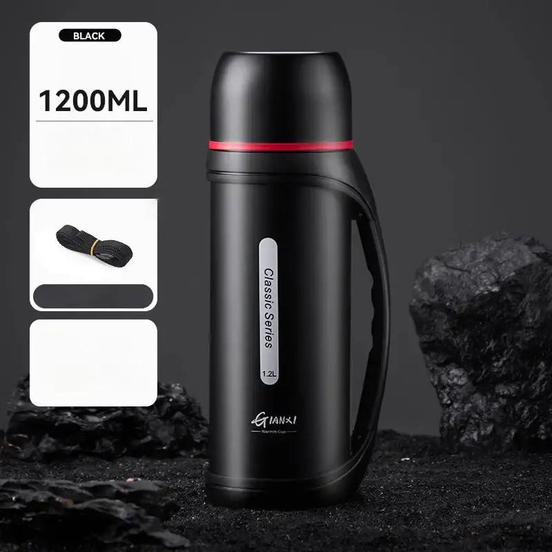 Classic black and red vacuum thermos flask gianxi 1.2l insulated with ergonomic handle for outdoor use