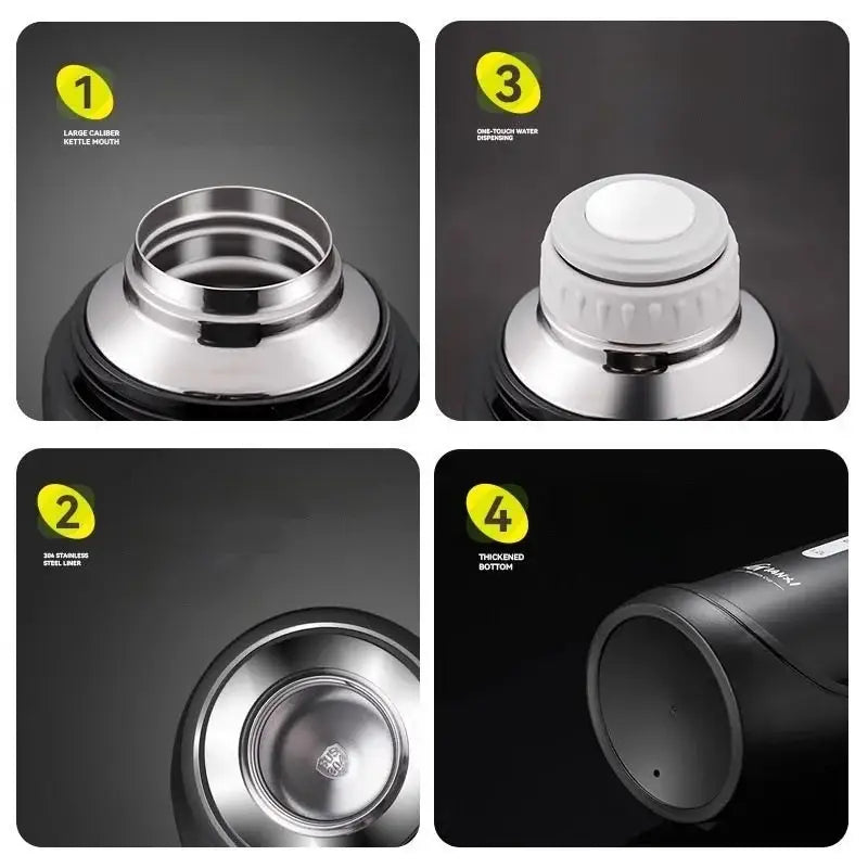 Classic black vacuum thermos flask with stainless steel interior, white one-touch lid, and thickened base for outdoor use