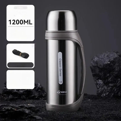 Silver stainless steel 1200ml insulated vacuum thermos flask with gray handle and base by giansi classic series