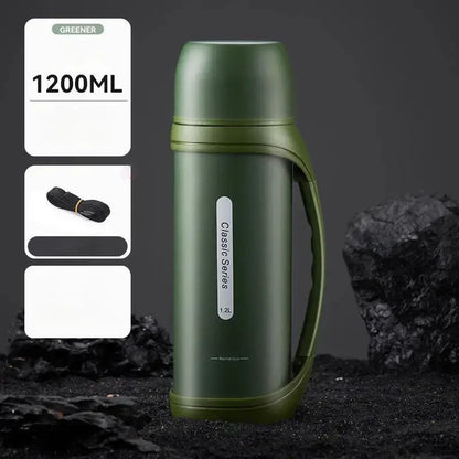 Olive green 1.2l insulated vacuum thermos flask with sturdy handle from greener classic series for outdoor use