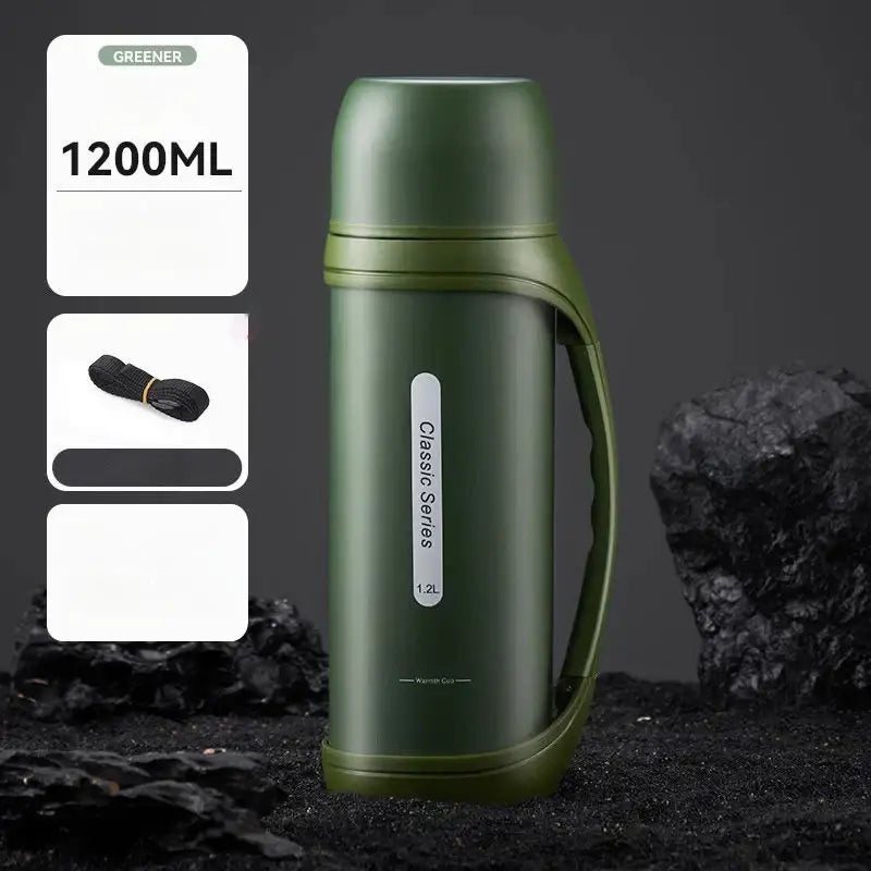 Olive green 1.2l insulated vacuum thermos flask with sturdy handle from greener classic series for outdoor use