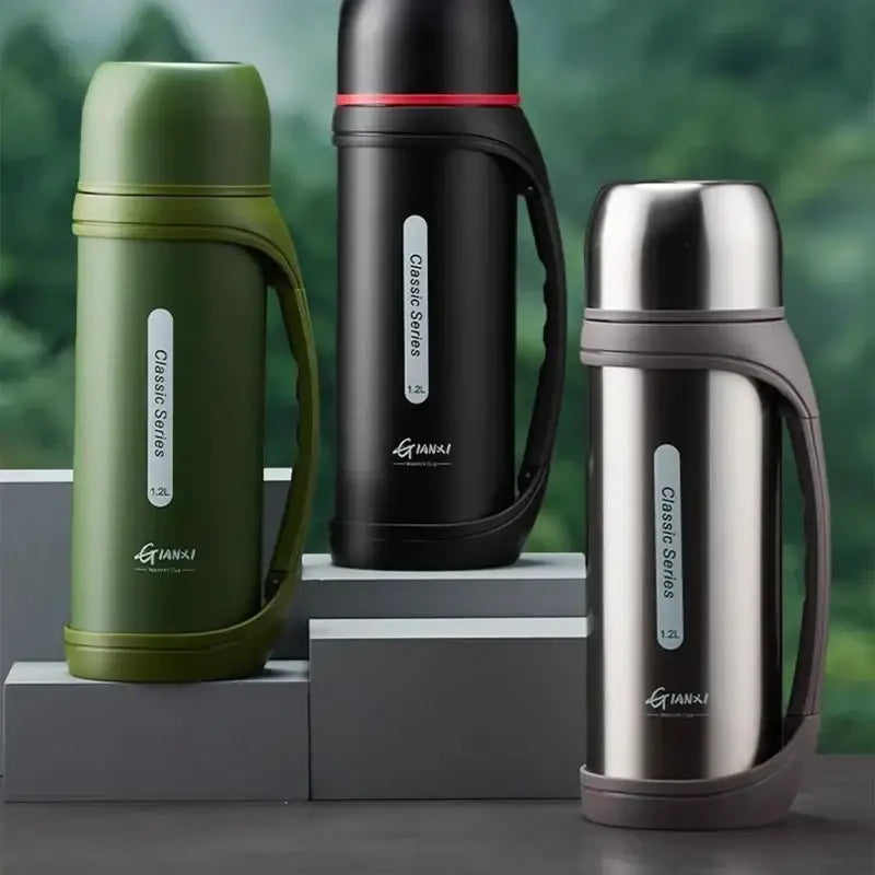 Three insulated vacuum thermos flasks in olive green black with red accent and stainless steel finish by gianxi classic series