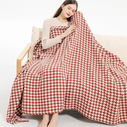 Cozy red and cream decorbites houndstooth throw blanket with fringed edges perfect for living room decor