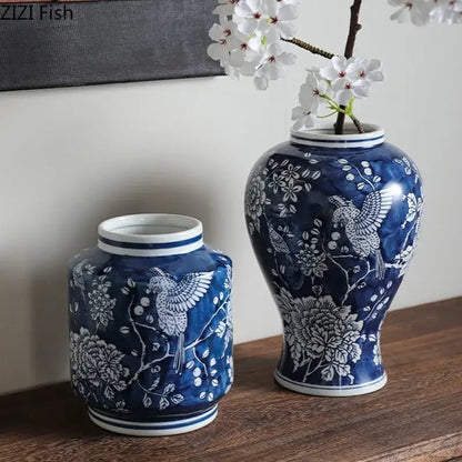 Deep blue ceramic blue porcelain vase with intricate white bird and floral patterns classic chinese decorbites blue porcelain decor