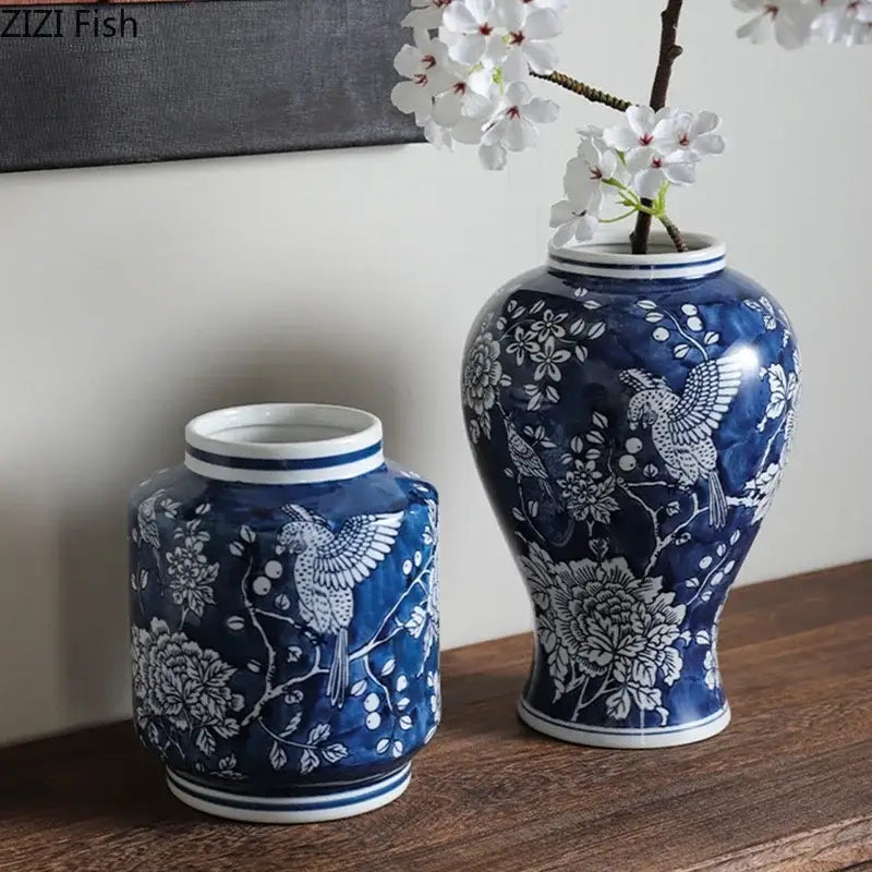 Deep blue ceramic blue porcelain vase with intricate white bird and floral patterns classic chinese decorbites blue porcelain decor