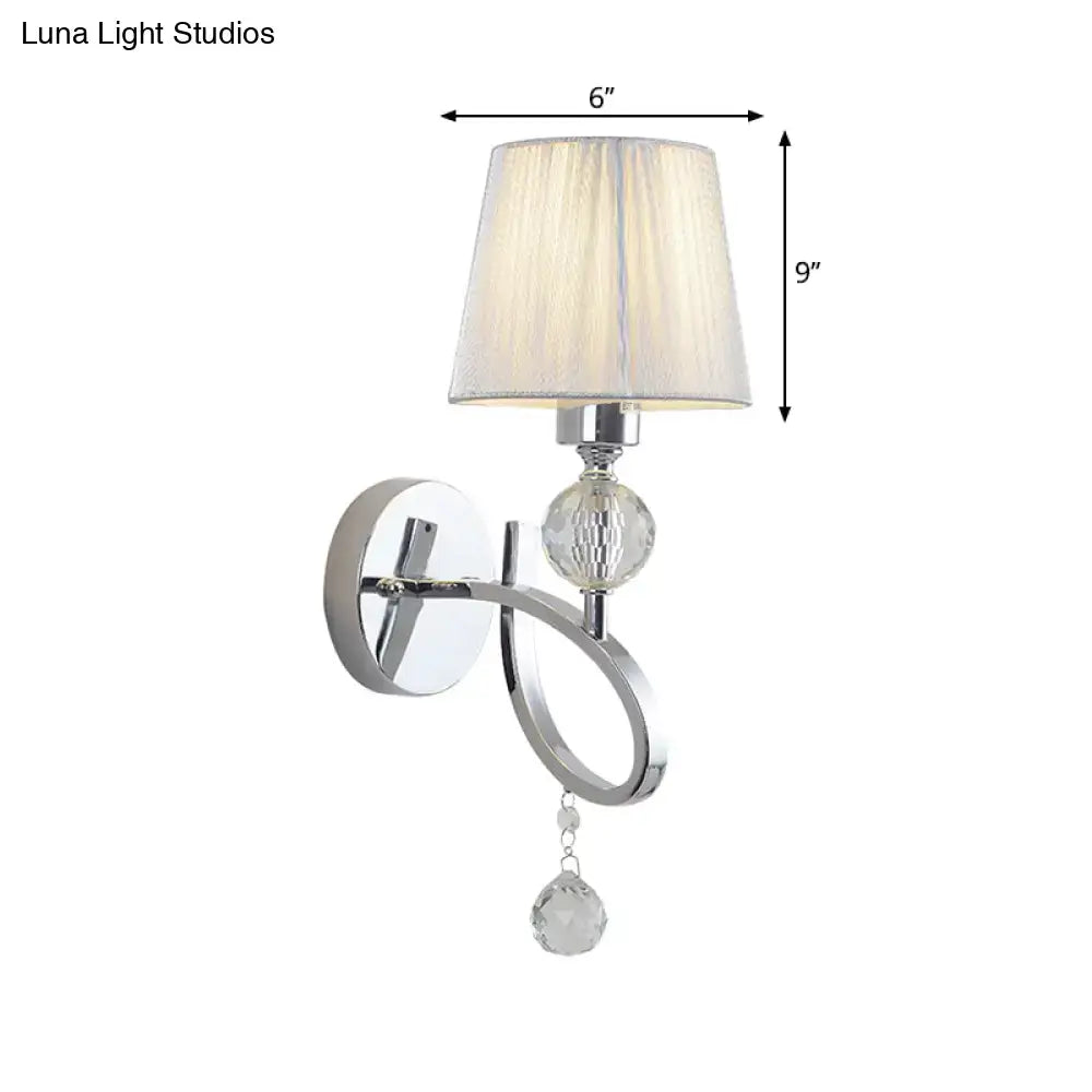 Classic chrome crystal drop wall lamp with cream pleated lampshade and elegant curved arm for bedroom sconce lighting