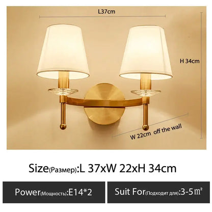 Brass-finished double-arm wall light with off-white fabric cloth cover and crystal accents for classic bedroom decorbites cloth cover wall
