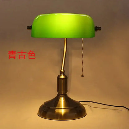 Vintage lampshade bank desk lamp with green and white decorbites glass lampshade and brass metal base for office use