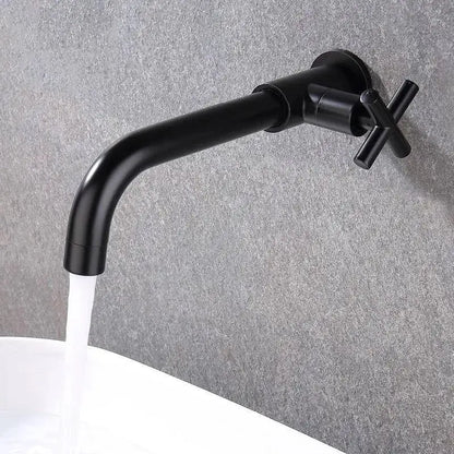 Classic wall-mounted matt black bathroom faucet with ceramic plate spool and brass valve core featuring curved spout and cross handles