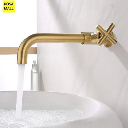 Classic wall-mounted gold faucet with brass valve core ceramic plate spool and cross-shaped handle in sleek modern design