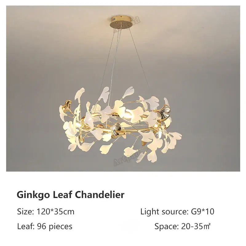 Classic white and gold leaf pendant lamp with 96 translucent ginkgo leaves on gold frames for dining room lighting
