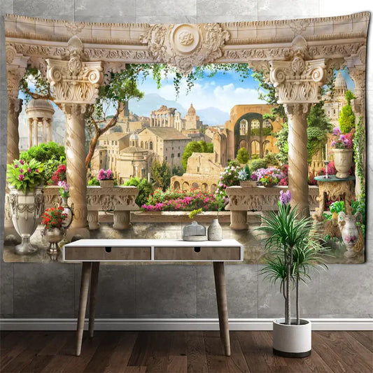Beige ornate classical garden landscape wall tapestry with stone columns and vibrant flowers for bedroom decorbites decor