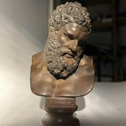 Bronze-colored art sculpture hercules bust with curly hair on ornate pedestal for living room decorbites art sculpture