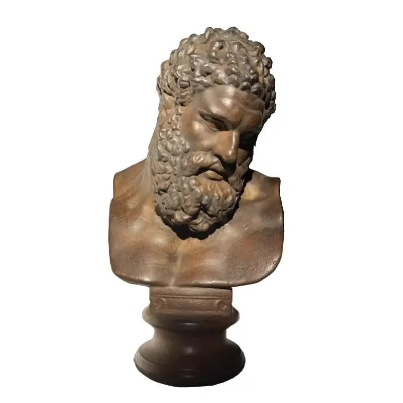 Bronze-colored classical hercules art sculpture with detailed curly hair and beard on matching pedestal for decorbites decor