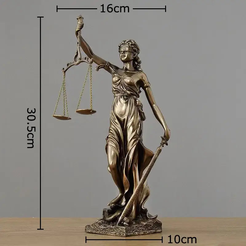 Bronze-colored justice goddess resin sculpture holding scales and sword with blindfold for living room decorby decorbites