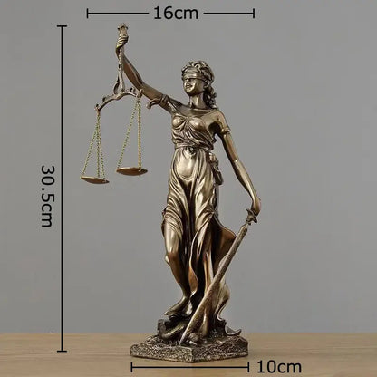 Bronze-colored justice goddess resin sculpture holding scales and sword with blindfold for living room decorby decorbites