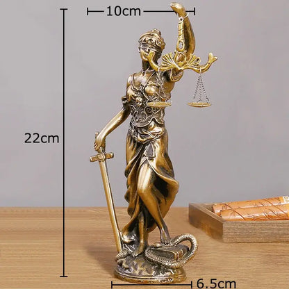 Bronze-colored classical justice goddess resin sculpture holding sword and scales for living room decor by decorbites