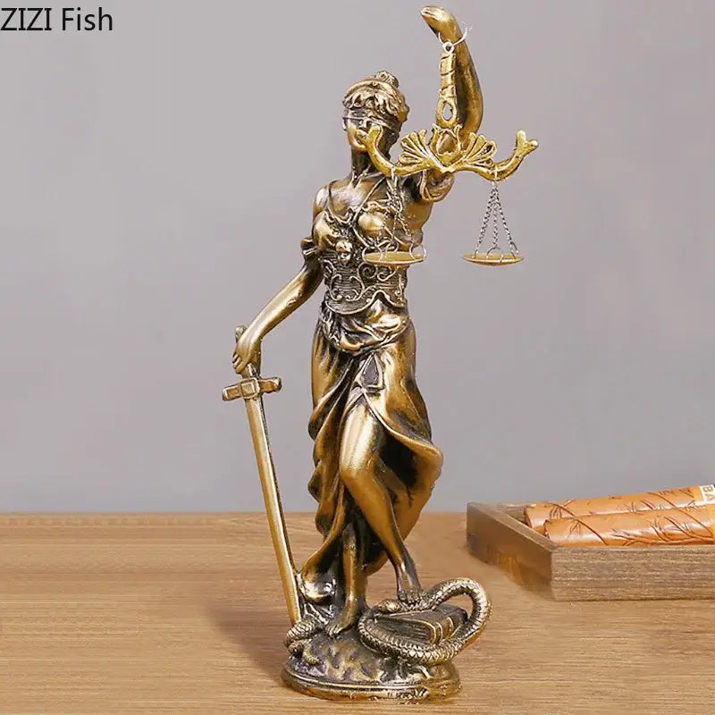 Bronze-colored justice goddess resin sculpture with scales and sword featuring detailed drapery for living room decor