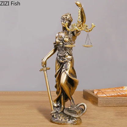 Bronze-colored justice goddess resin sculpture with scales and sword featuring detailed drapery for living room decor