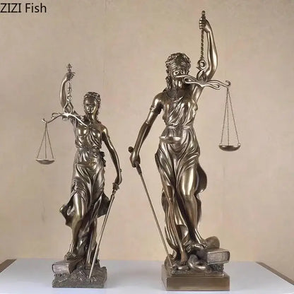 Bronze-colored justice goddess resin sculpture holding scales and sword with blindfolded figure on books for living room decor